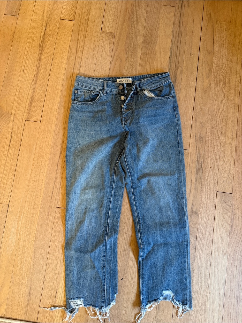 DL1961 Cropped Patti High Rise Straight Denim — Medium Blue with Distressed Hem